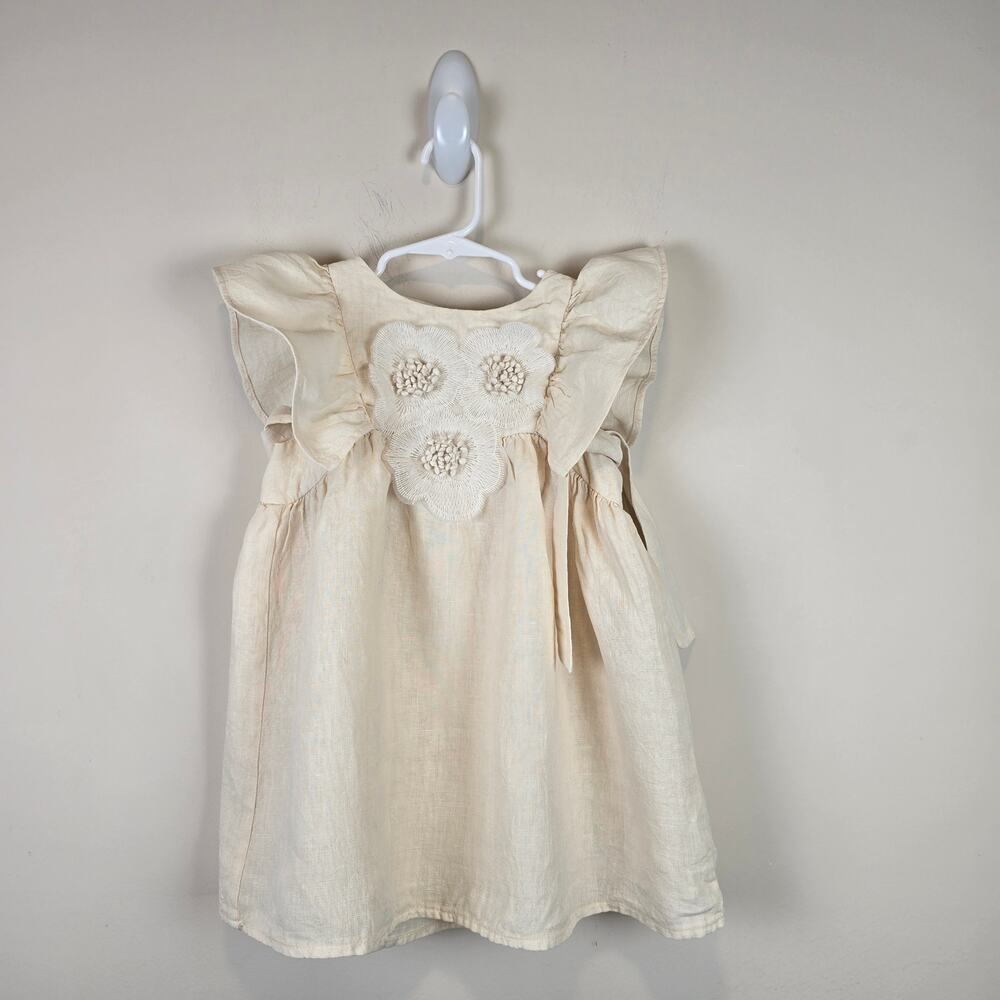 Zara Linen Floral Dress Size 4 Ecru Flowers 100% Linen Lined